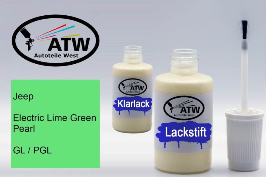 Jeep, Electric Lime Green Pearl, GL / PGL: 20ml Lackstift + 20ml Klarlack - Set, von ATW Autoteile West.